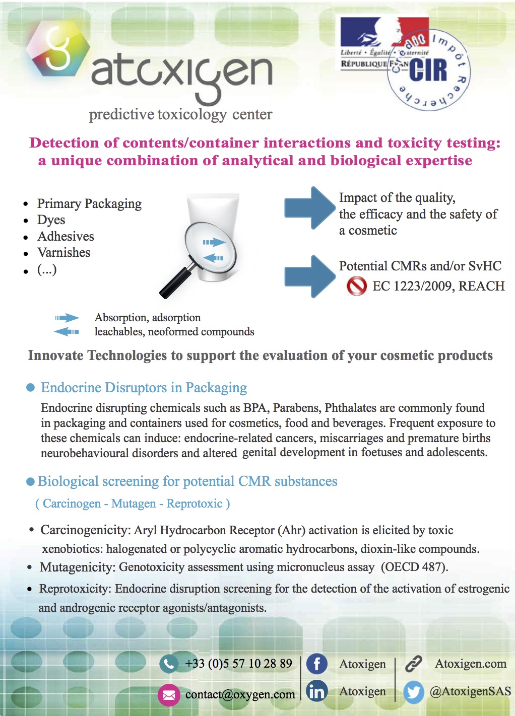 brochure about detection of contains and container interactionand toxicity testing : a unique combinaison of analytical and biological expertise